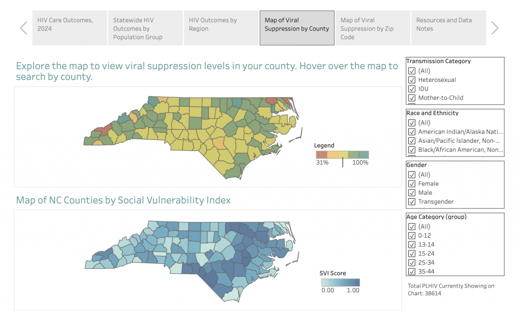 A screenshot of the North Carolina HIV dashboard showing rates of HIV across two maps of North Carolina.